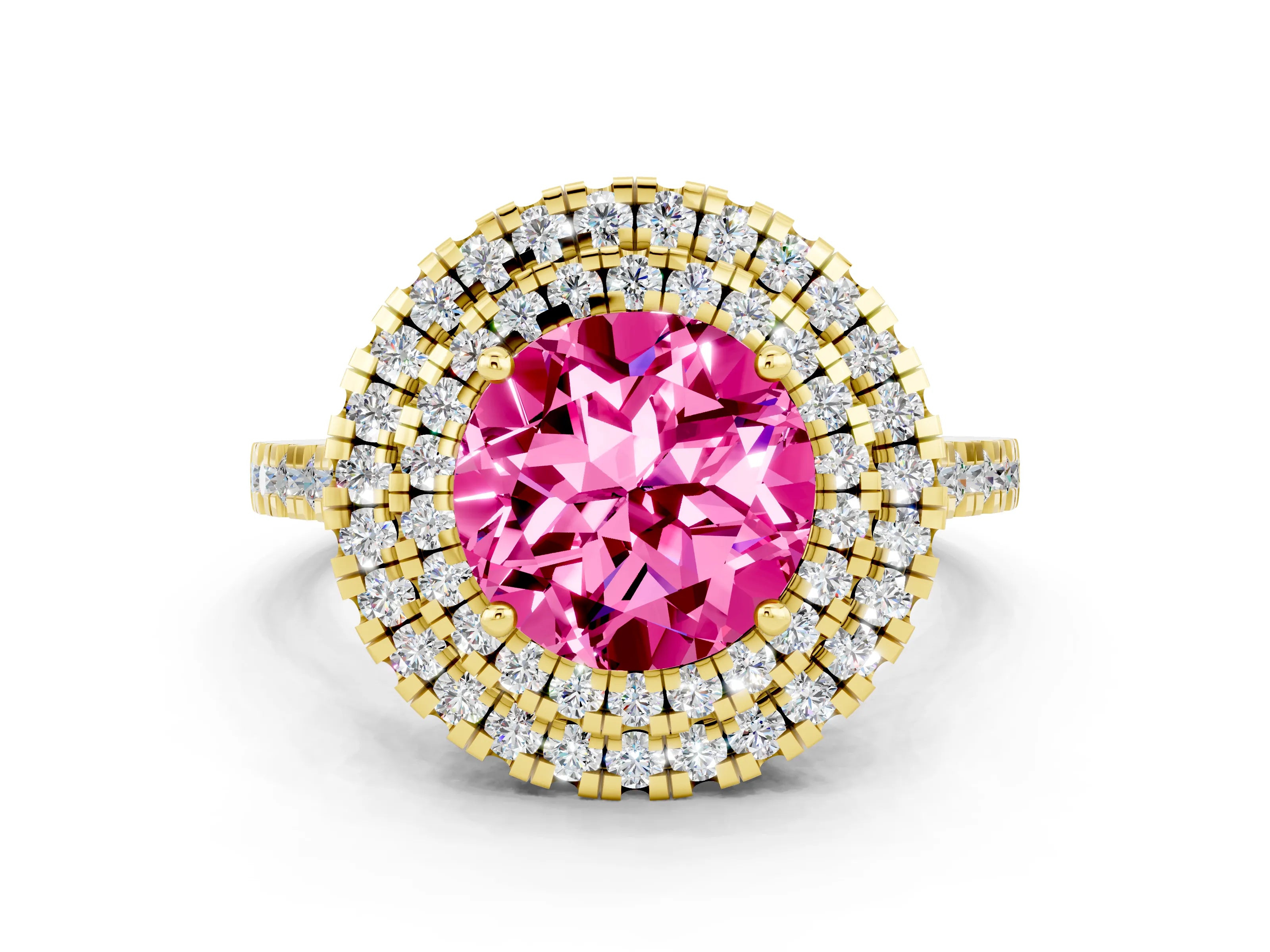 Yellow gold Double Halo Round Cut Pink Sapphire Pavé Band with Four-Prong Setting_24