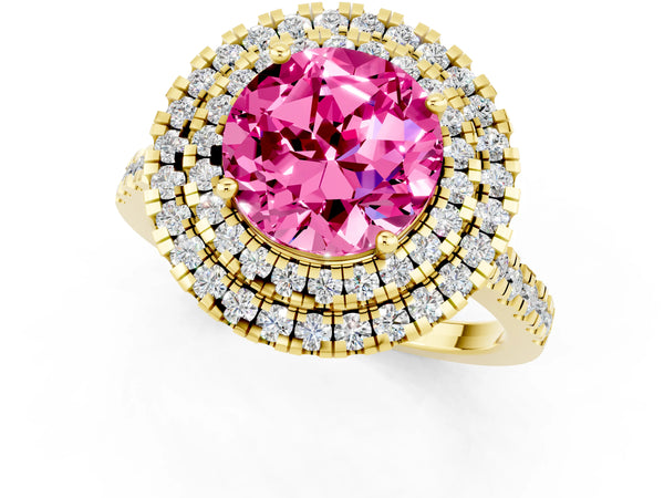 Yellow gold Double Halo Round Cut Pink Sapphire Pavé Band with Four-Prong Setting