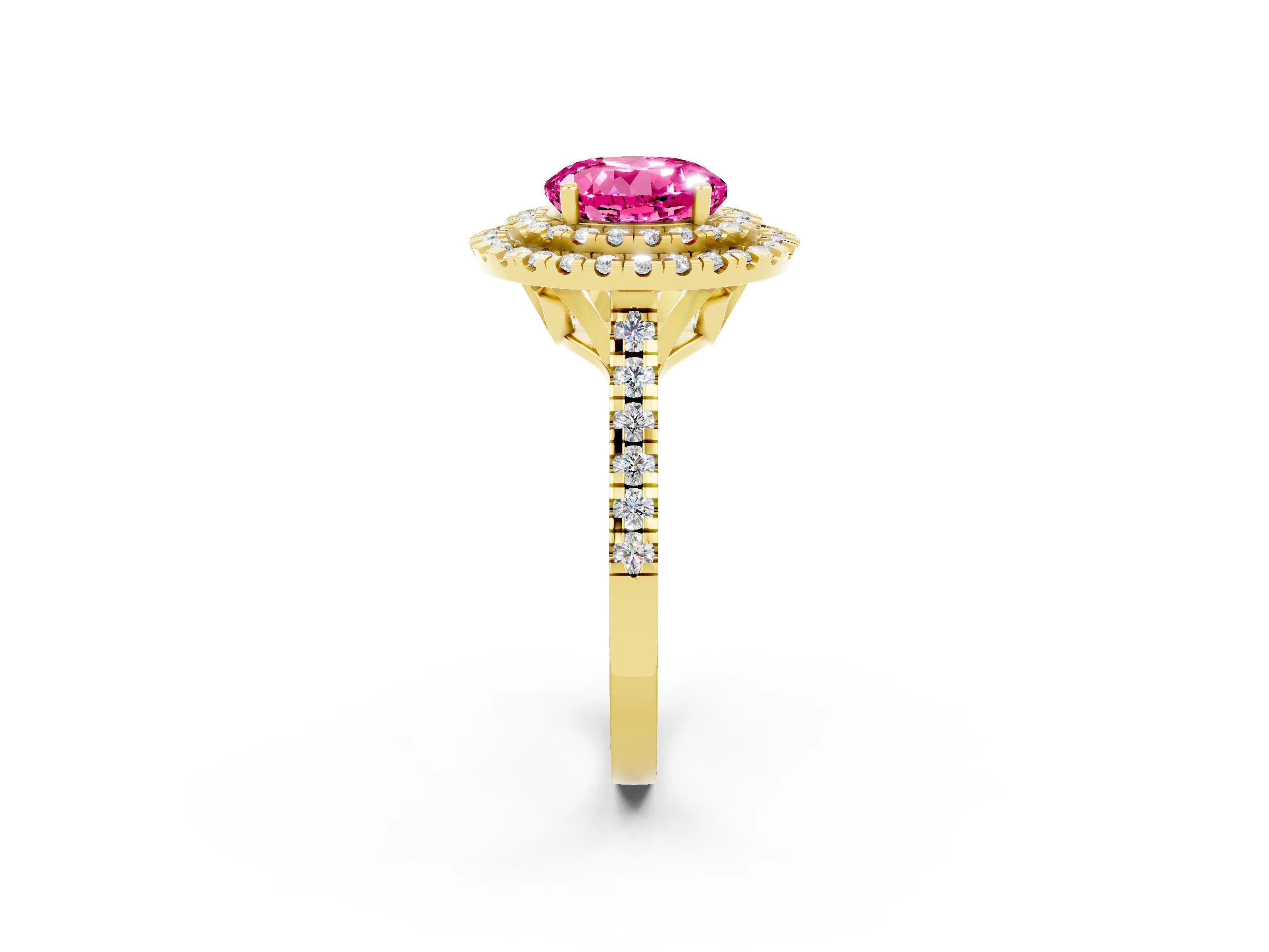 Yellow gold Double Halo Round Cut Pink Sapphire Pavé Band with Four-Prong Setting_26