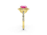 Yellow gold Double Halo Round Cut Pink Sapphire Pavé Band with Four-Prong Setting_26
