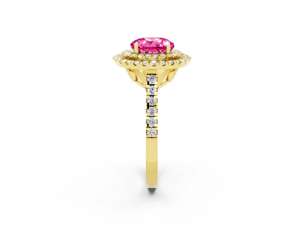 Yellow gold Double Halo Round Cut Pink Sapphire Pavé Band with Four-Prong Setting