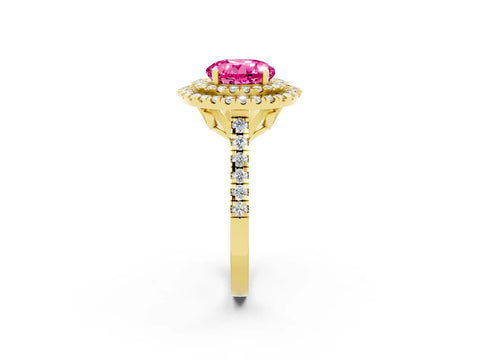 Yellow gold Double Halo Round Cut Pink Sapphire Pavé Band with Four-Prong Setting_26