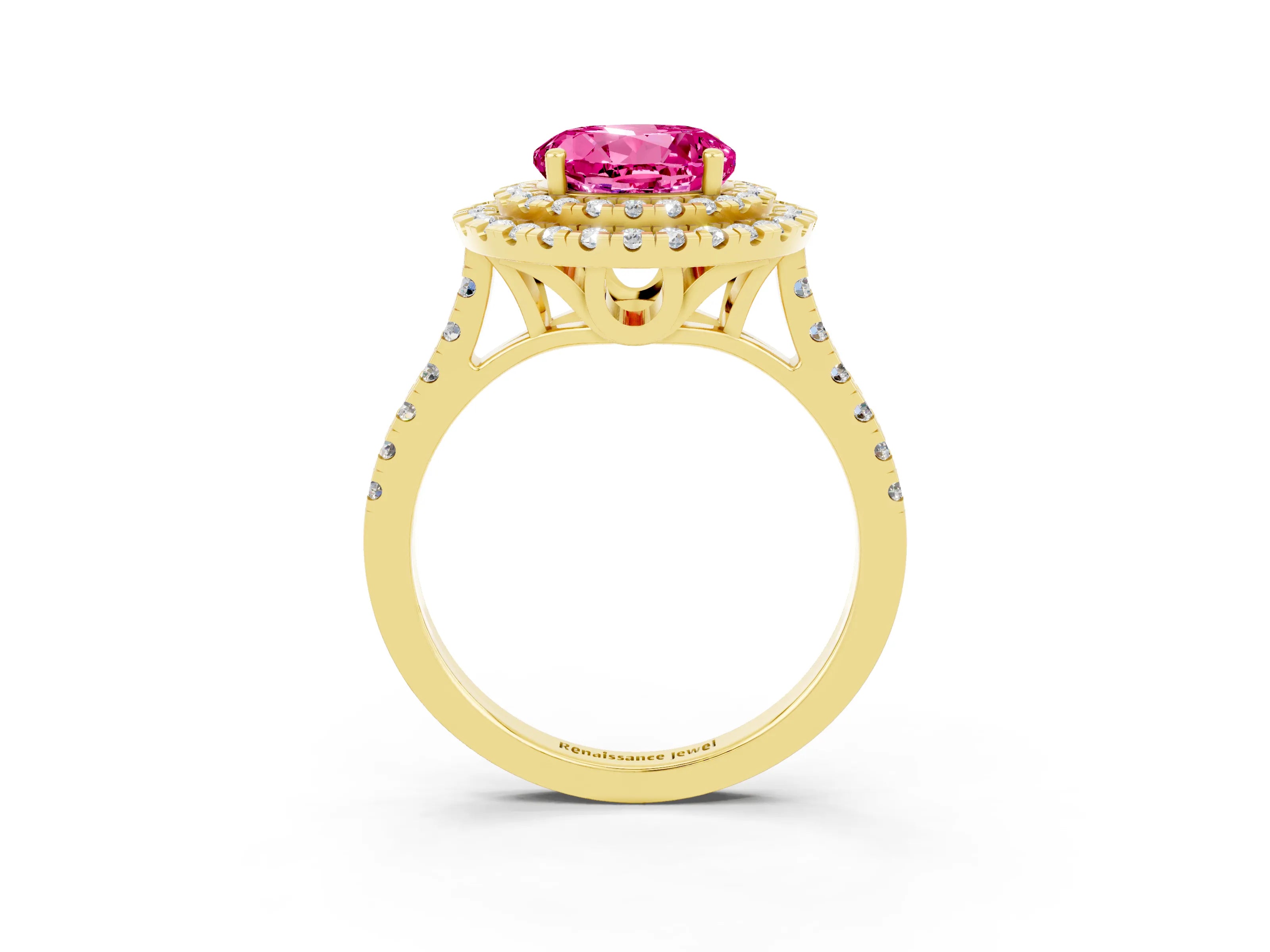 Yellow gold Double Halo Round Cut Pink Sapphire Pavé Band with Four-Prong Setting_27