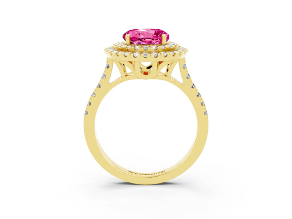 Yellow gold Double Halo Round Cut Pink Sapphire Pavé Band with Four-Prong Setting