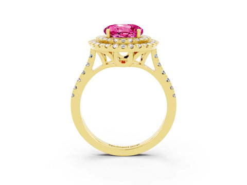 Yellow gold Double Halo Round Cut Pink Sapphire Pavé Band with Four-Prong Setting_27