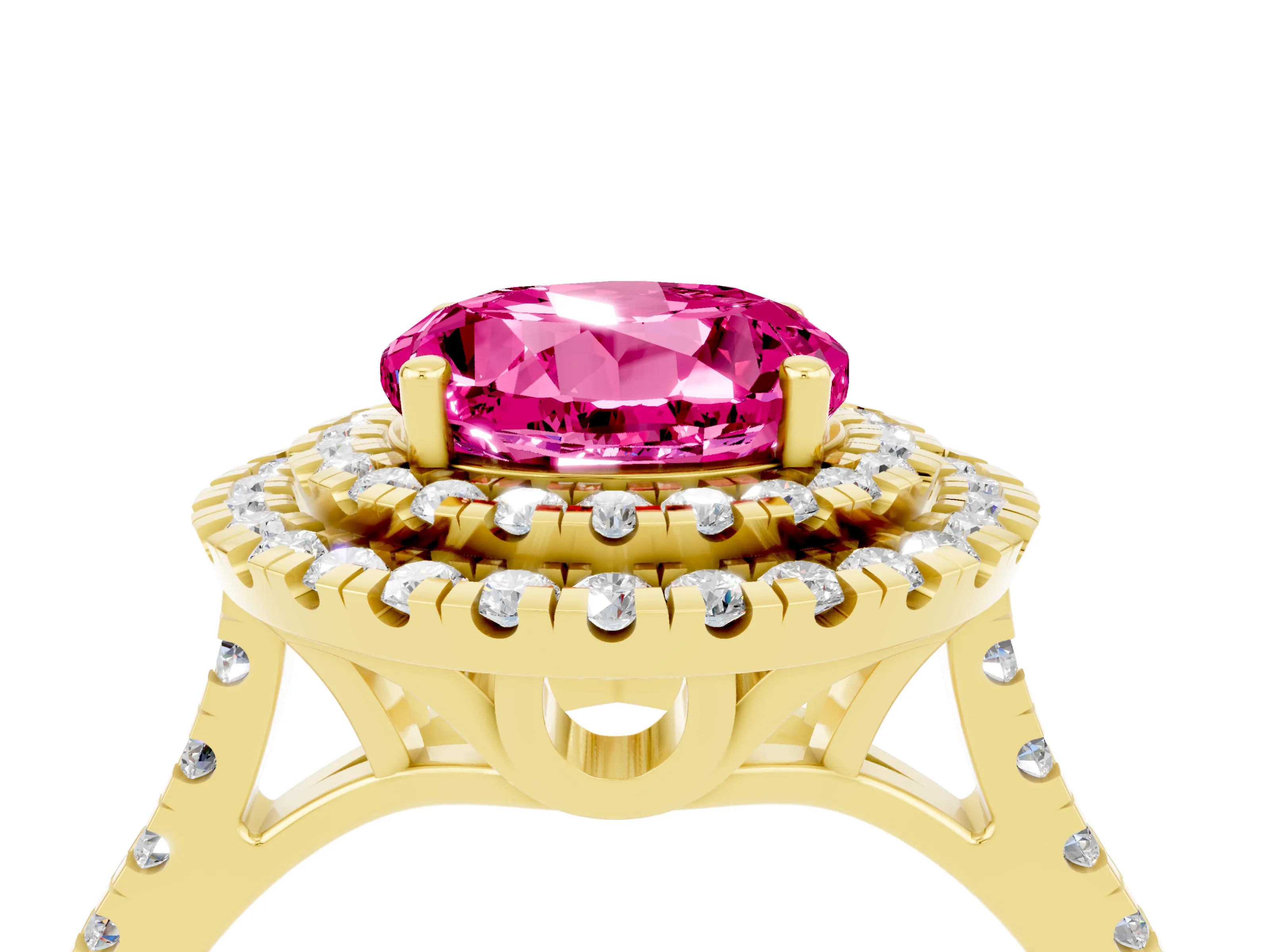 Yellow gold Double Halo Round Cut Pink Sapphire Pavé Band with Four-Prong Setting_28