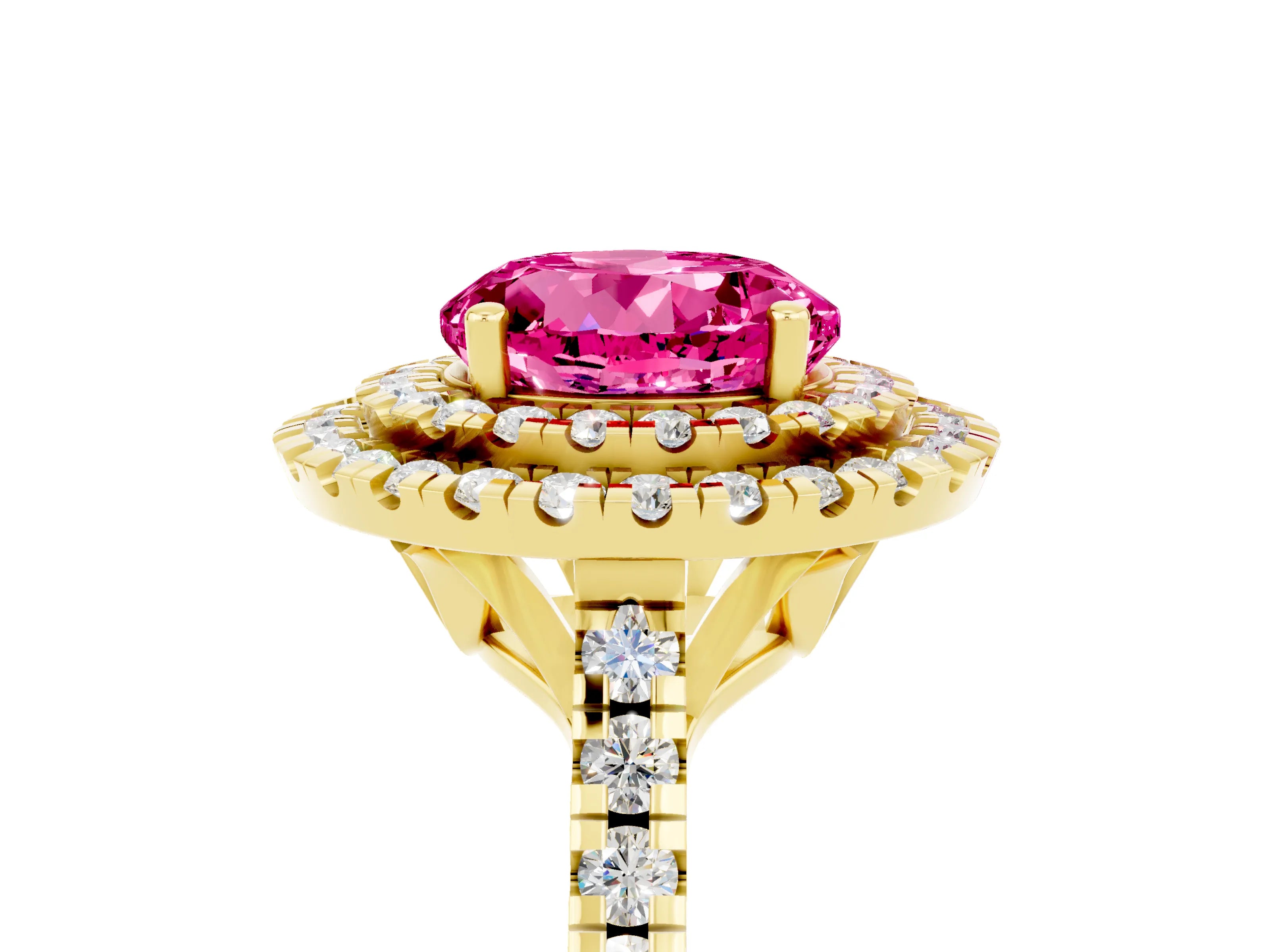 Yellow gold Double Halo Round Cut Pink Sapphire Pavé Band with Four-Prong Setting_29