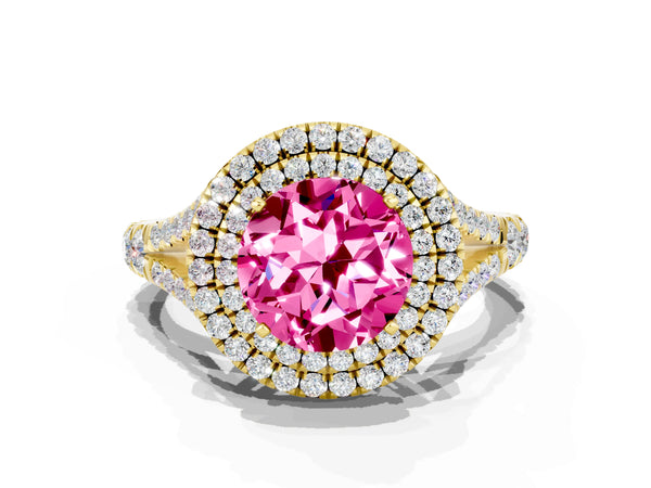 Yellow gold Double Halo Round Cut Pink Sapphire Pavé Split Shank Ring with Prong Setting