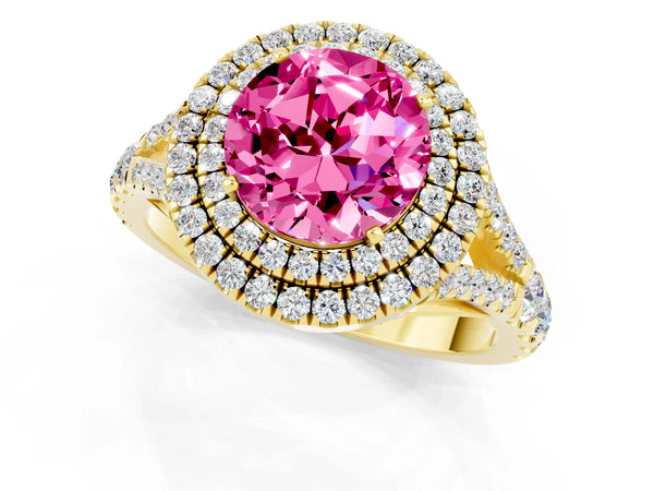 Yellow gold Double Halo Round Cut Pink Sapphire Pavé Split Shank Ring with Prong Setting