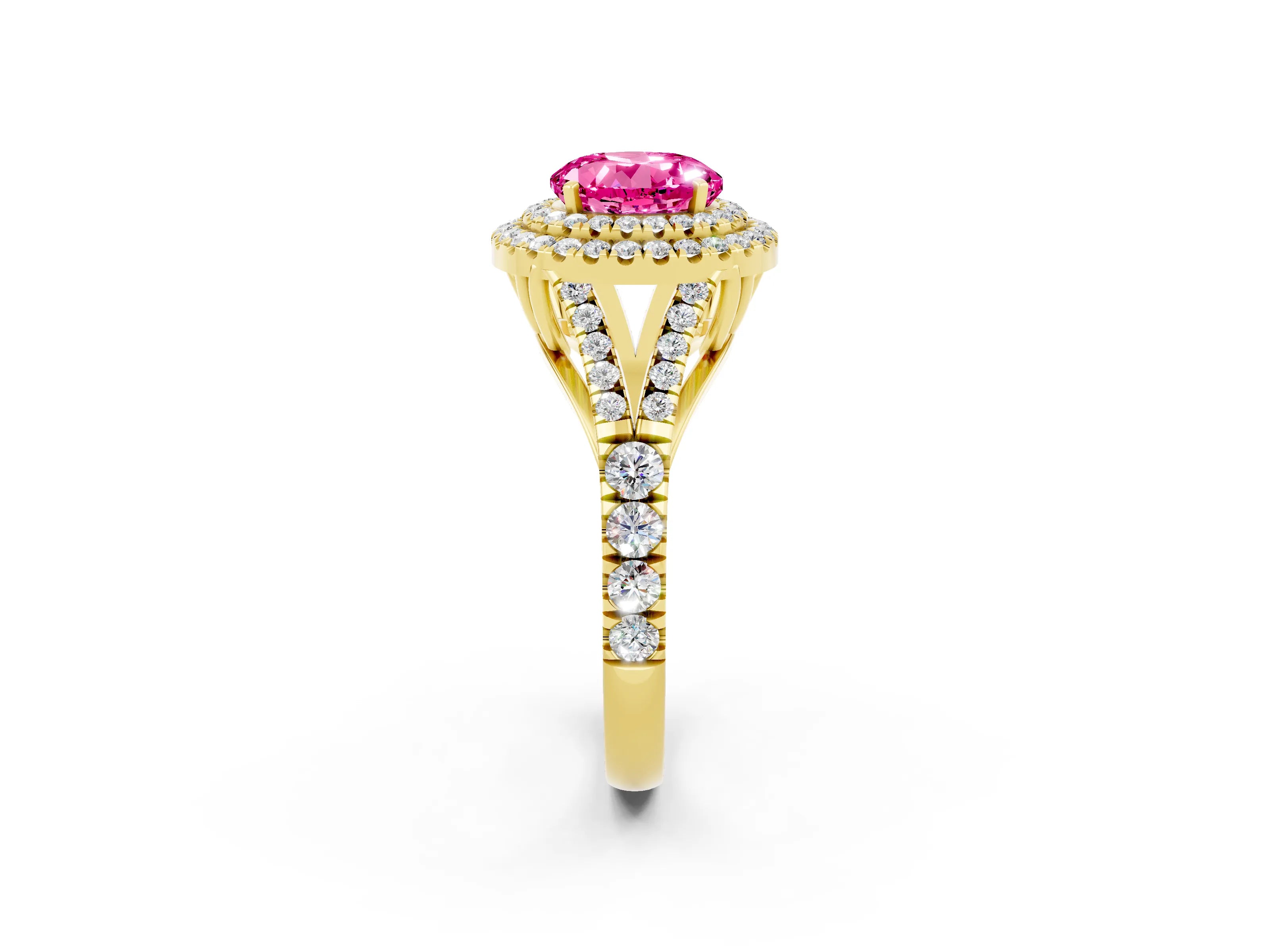 Yellow gold Double Halo Round Cut Pink Sapphire Pavé Split Shank Ring with Prong Setting_2