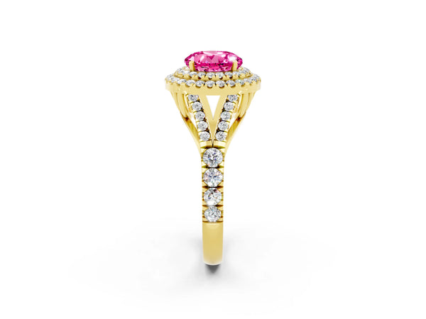 Yellow gold Double Halo Round Cut Pink Sapphire Pavé Split Shank Ring with Prong Setting