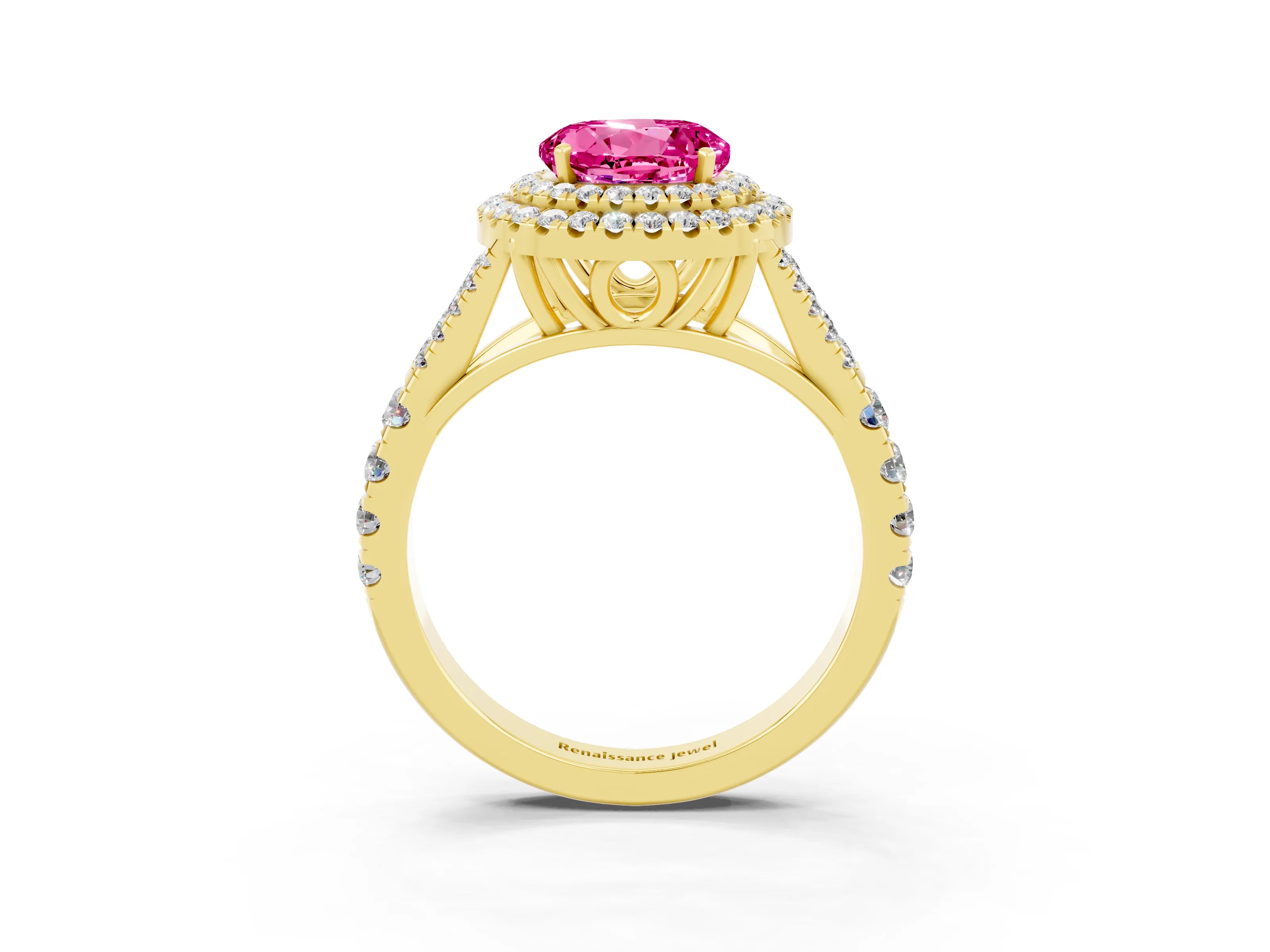 Yellow gold Double Halo Round Cut Pink Sapphire Pavé Split Shank Ring with Prong Setting_3