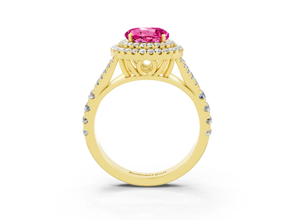 Yellow gold Double Halo Round Cut Pink Sapphire Pavé Split Shank Ring with Prong Setting