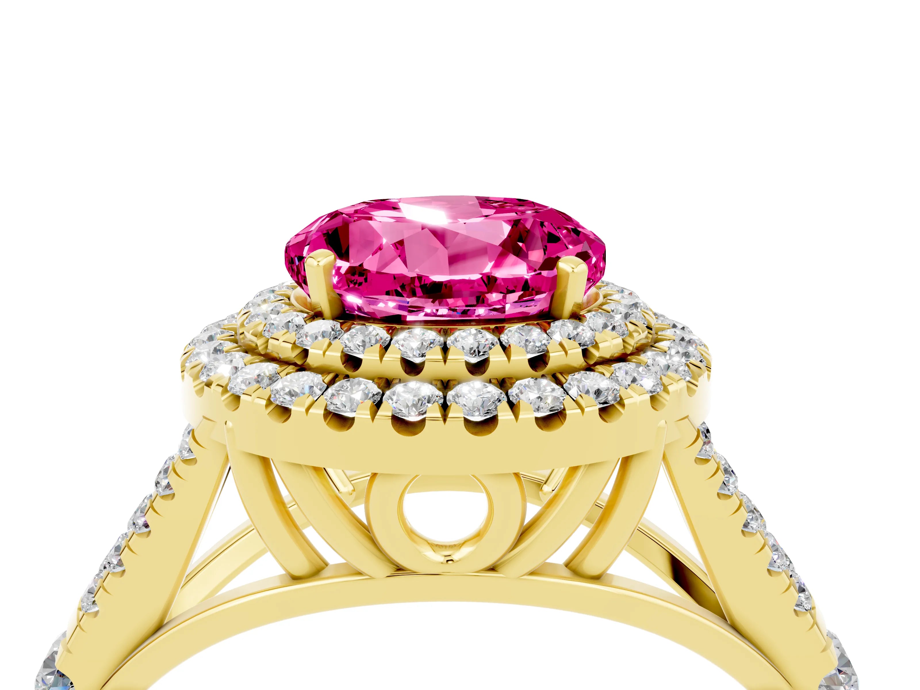 Yellow gold Double Halo Round Cut Pink Sapphire Pavé Split Shank Ring with Prong Setting_4
