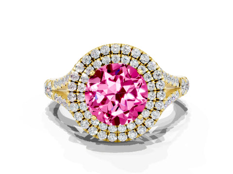 Yellow gold Double Halo Round Cut Pink Sapphire Pavé Split Shank Ring with Prong Setting