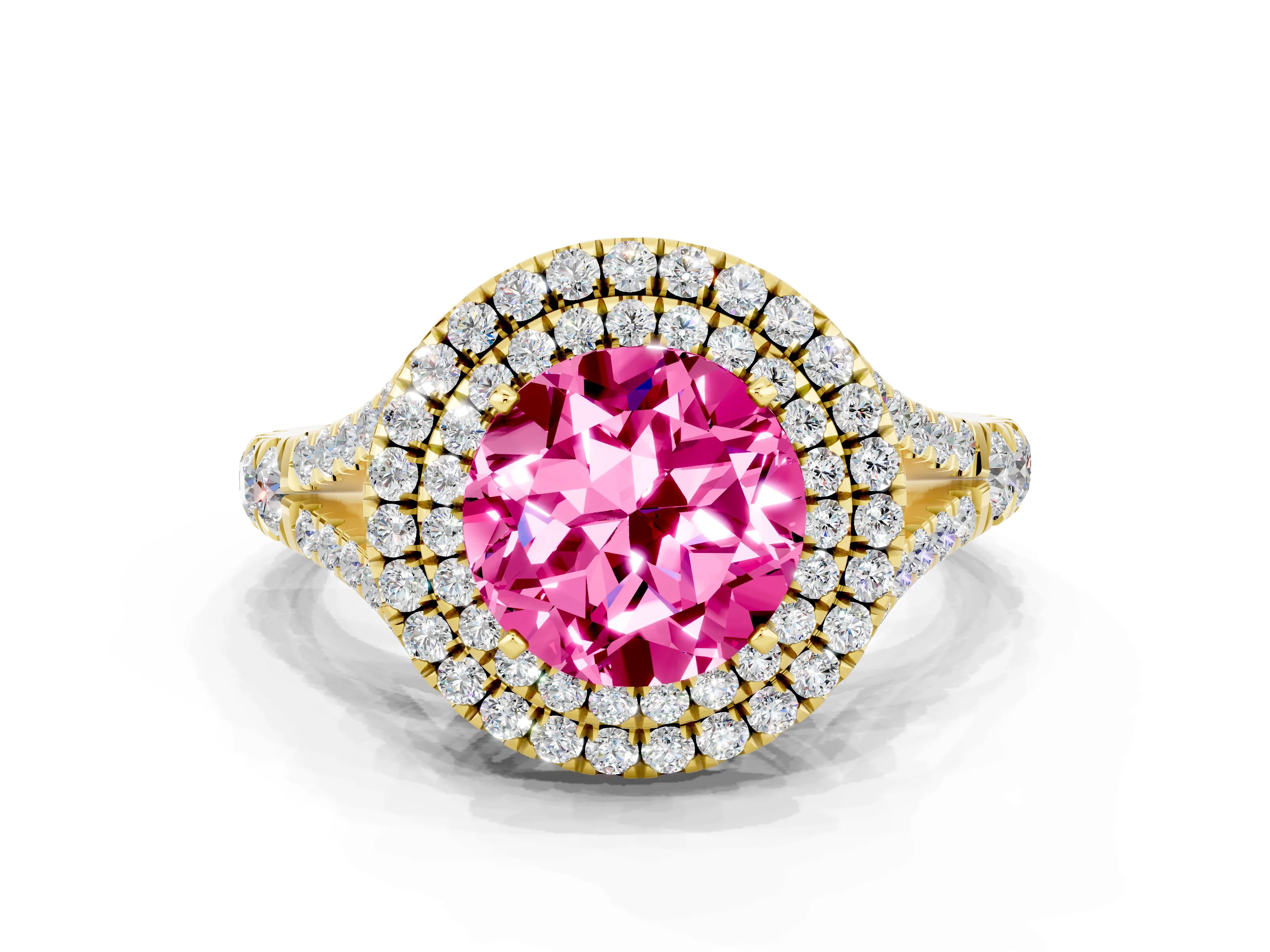 Yellow gold Double Halo Round Cut Pink Sapphire Split Shank Engagement Ring with Four-Prong Setting