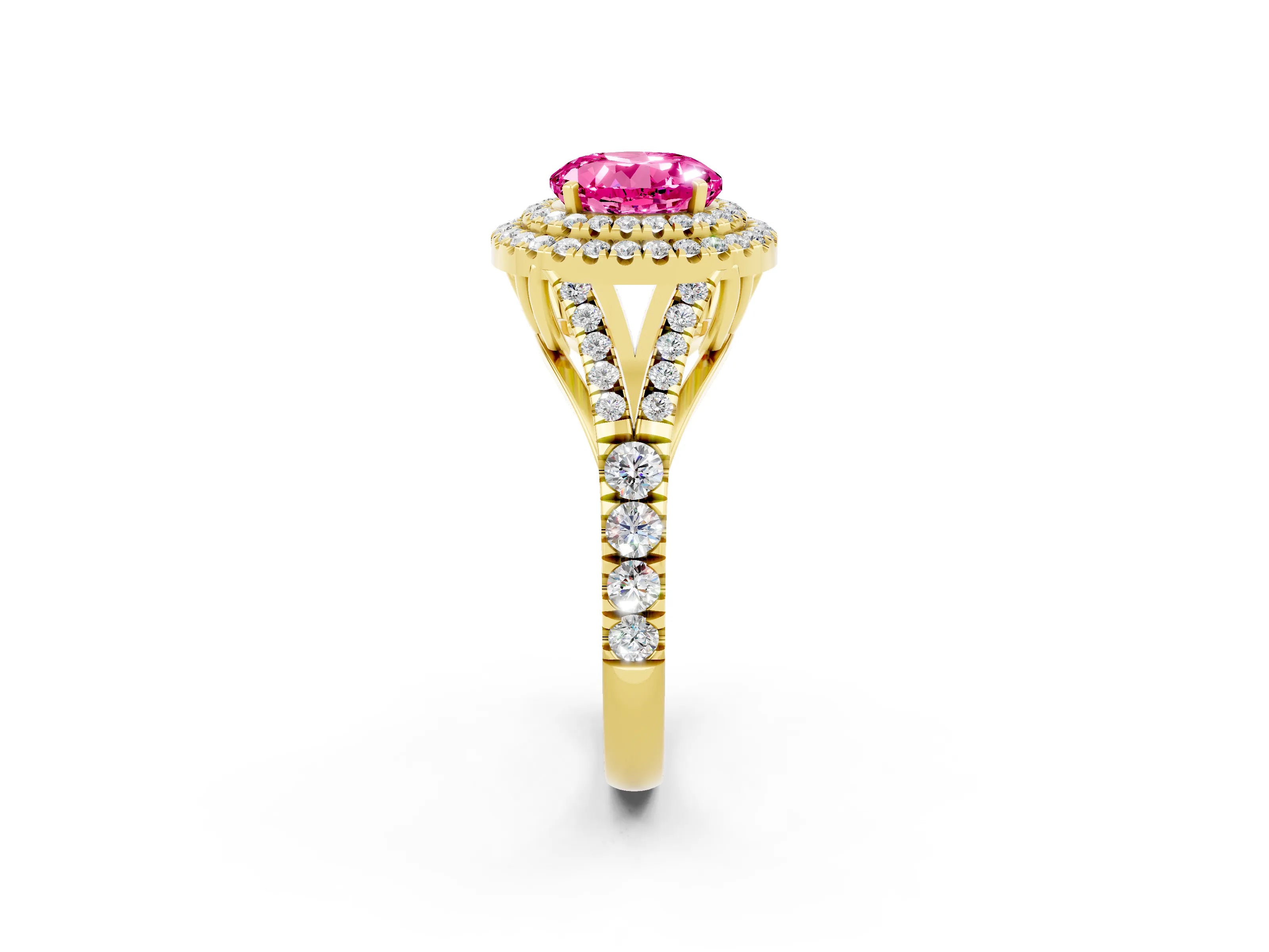 Yellow gold Double Halo Round Cut Pink Sapphire Split Shank Engagement Ring with Four-Prong Setting_2