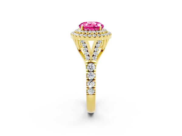 Yellow gold Double Halo Round Cut Pink Sapphire Split Shank Engagement Ring with Four-Prong Setting