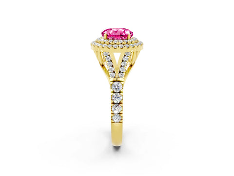 Yellow gold Double Halo Round Cut Pink Sapphire Split Shank Engagement Ring with Four-Prong Setting_2