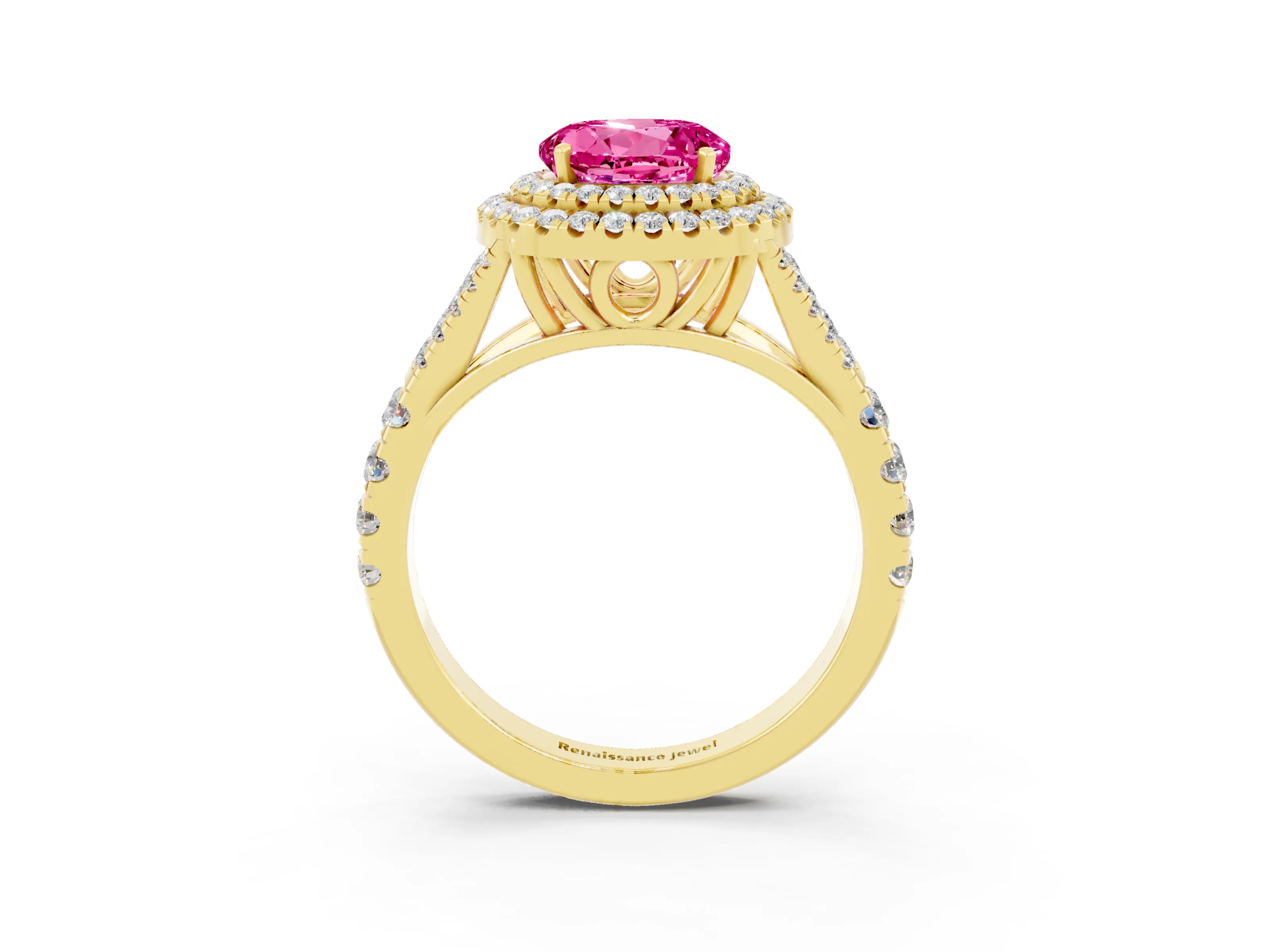 Yellow gold Double Halo Round Cut Pink Sapphire Split Shank Engagement Ring with Four-Prong Setting_3