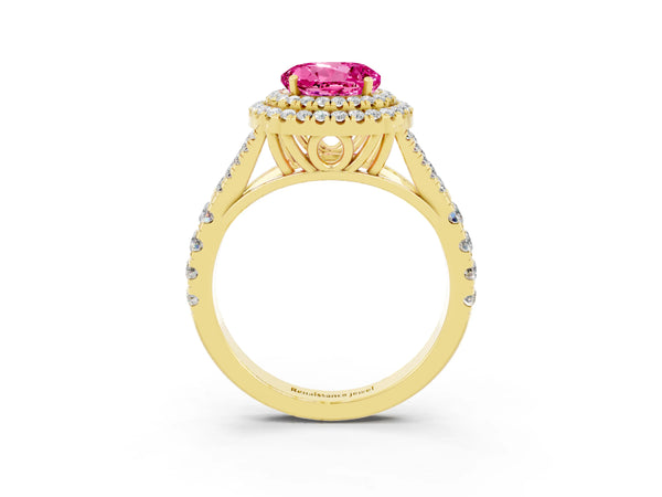 Yellow gold Double Halo Round Cut Pink Sapphire Split Shank Engagement Ring with Four-Prong Setting