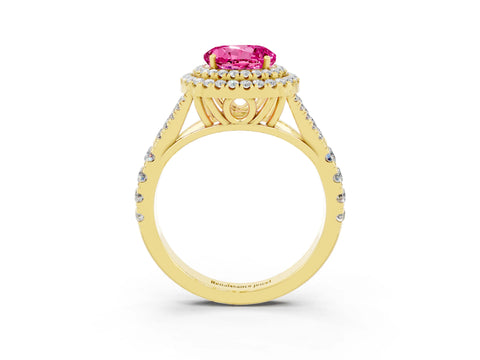 Yellow gold Double Halo Round Cut Pink Sapphire Split Shank Engagement Ring with Four-Prong Setting_3