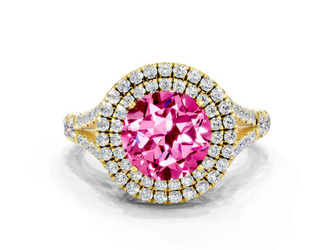 Yellow gold Double Halo Round Cut Pink Sapphire Split Shank Engagement Ring with Four-Prong Setting