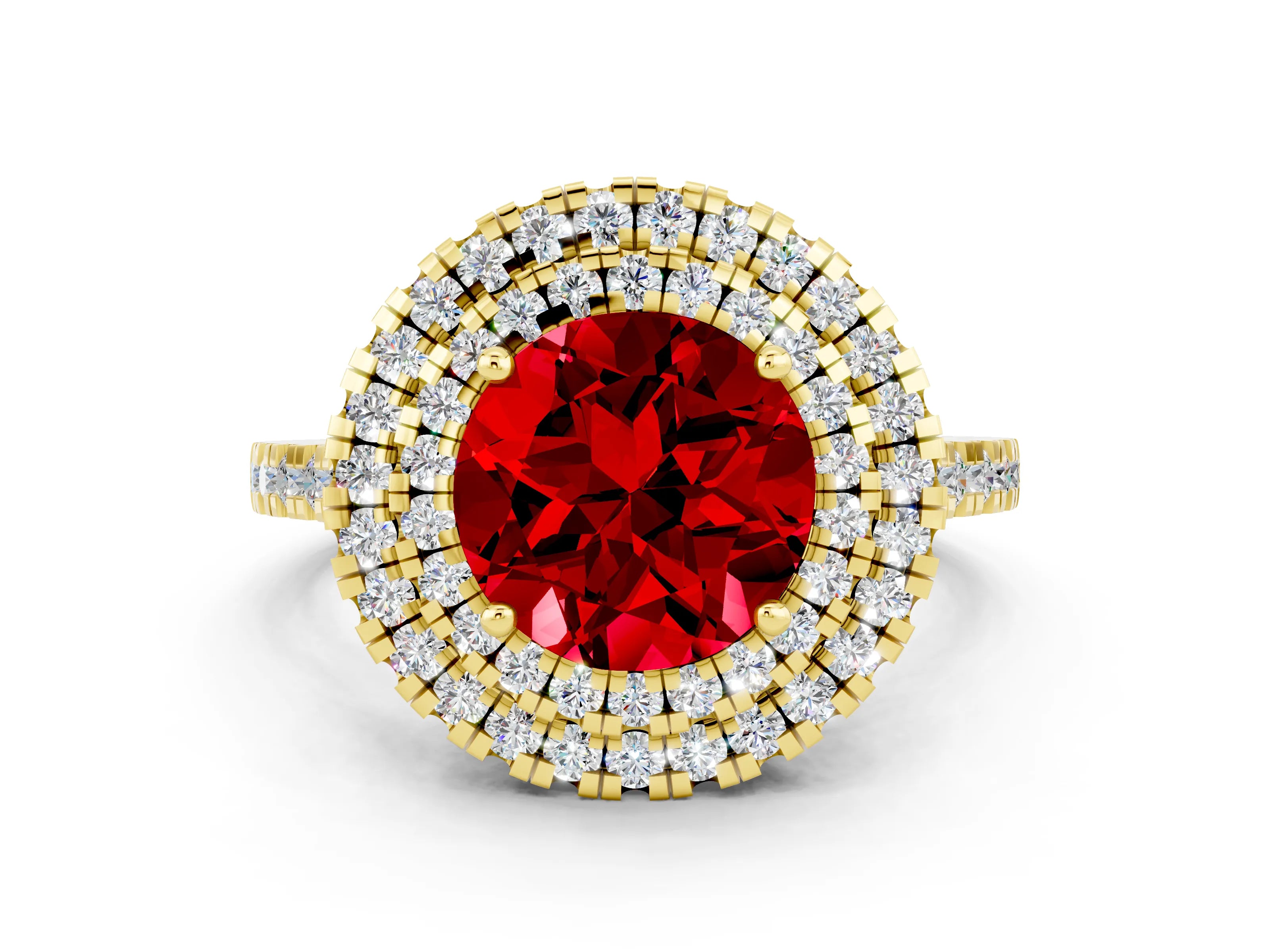 Yellow gold Double Halo Round Cut Ruby Pavé Band with Four-Prong Setting