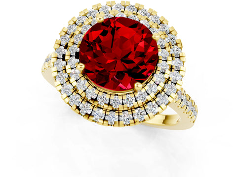 Yellow gold Double Halo Round Cut Ruby Pavé Band with Four-Prong Setting_1