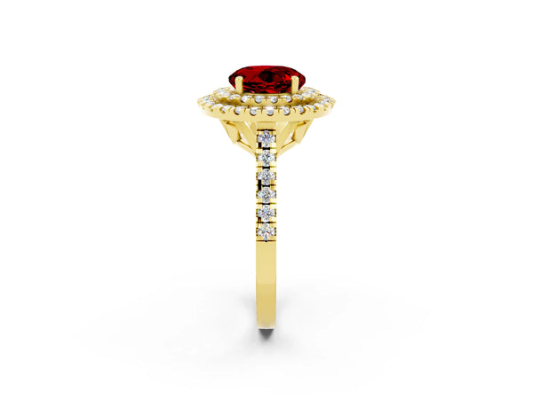 Yellow gold Double Halo Round Cut Ruby Pavé Band with Four-Prong Setting