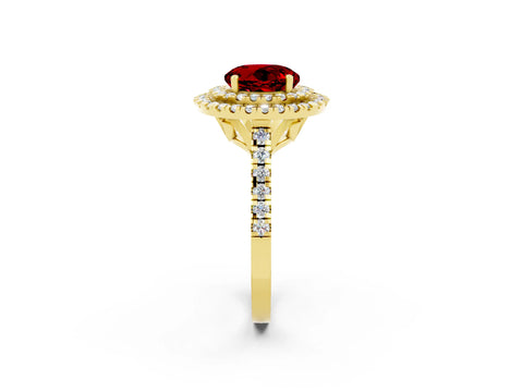 Yellow gold Double Halo Round Cut Ruby Pavé Band with Four-Prong Setting_2