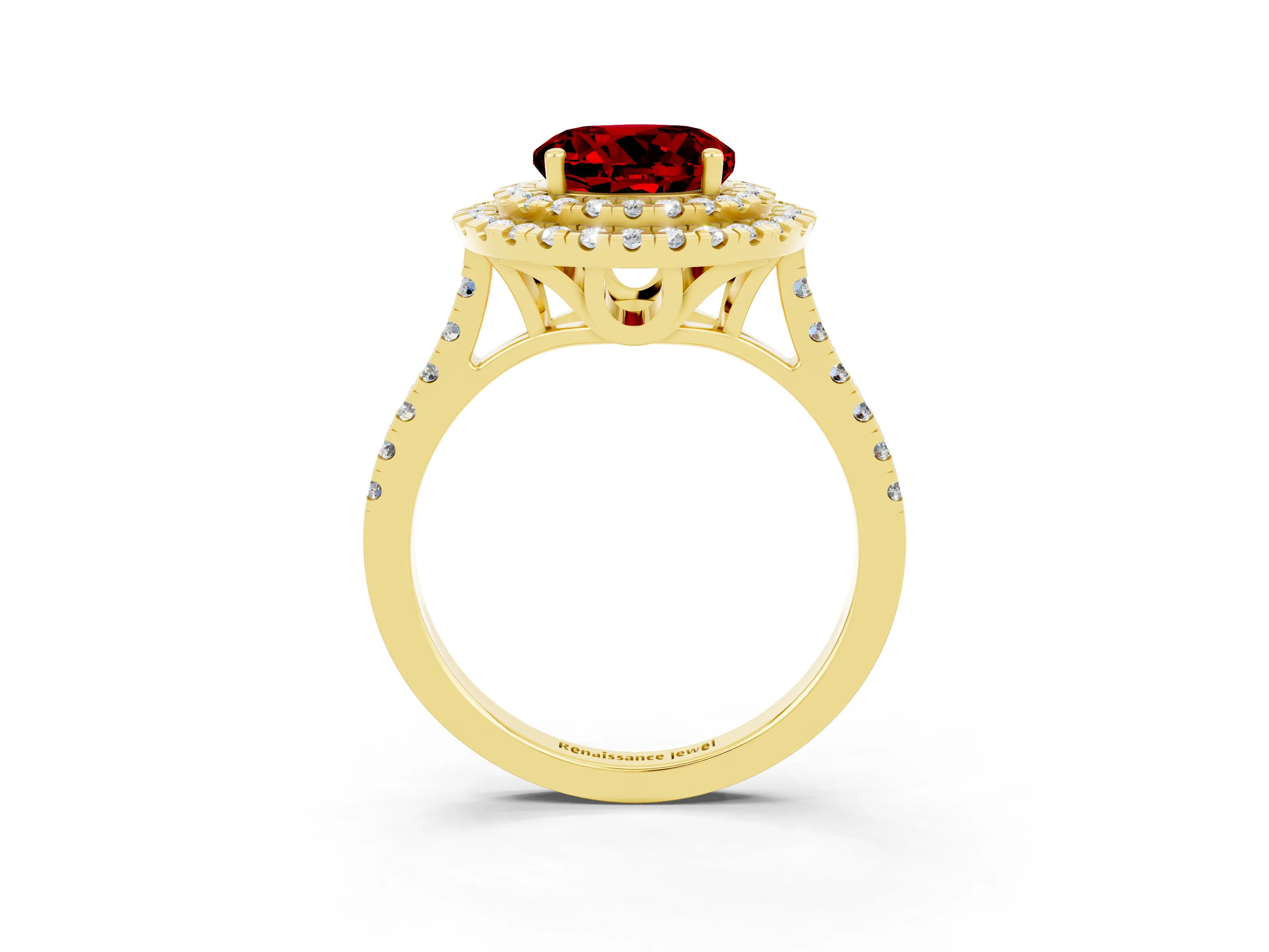 Yellow gold Double Halo Round Cut Ruby Pavé Band with Four-Prong Setting_3