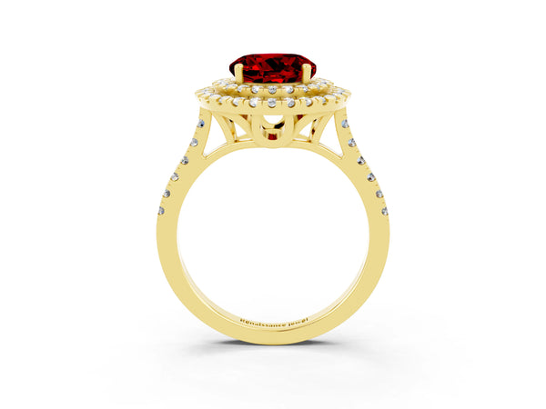 Yellow gold Double Halo Round Cut Ruby Pavé Band with Four-Prong Setting