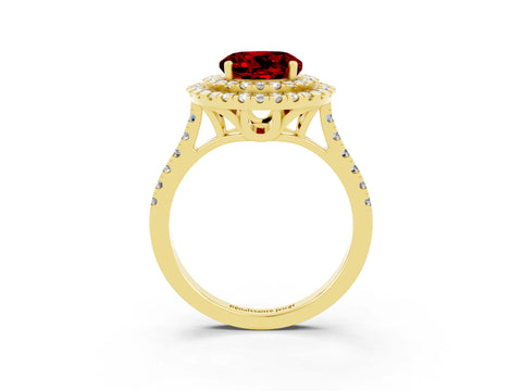 Yellow gold Double Halo Round Cut Ruby Pavé Band with Four-Prong Setting_3