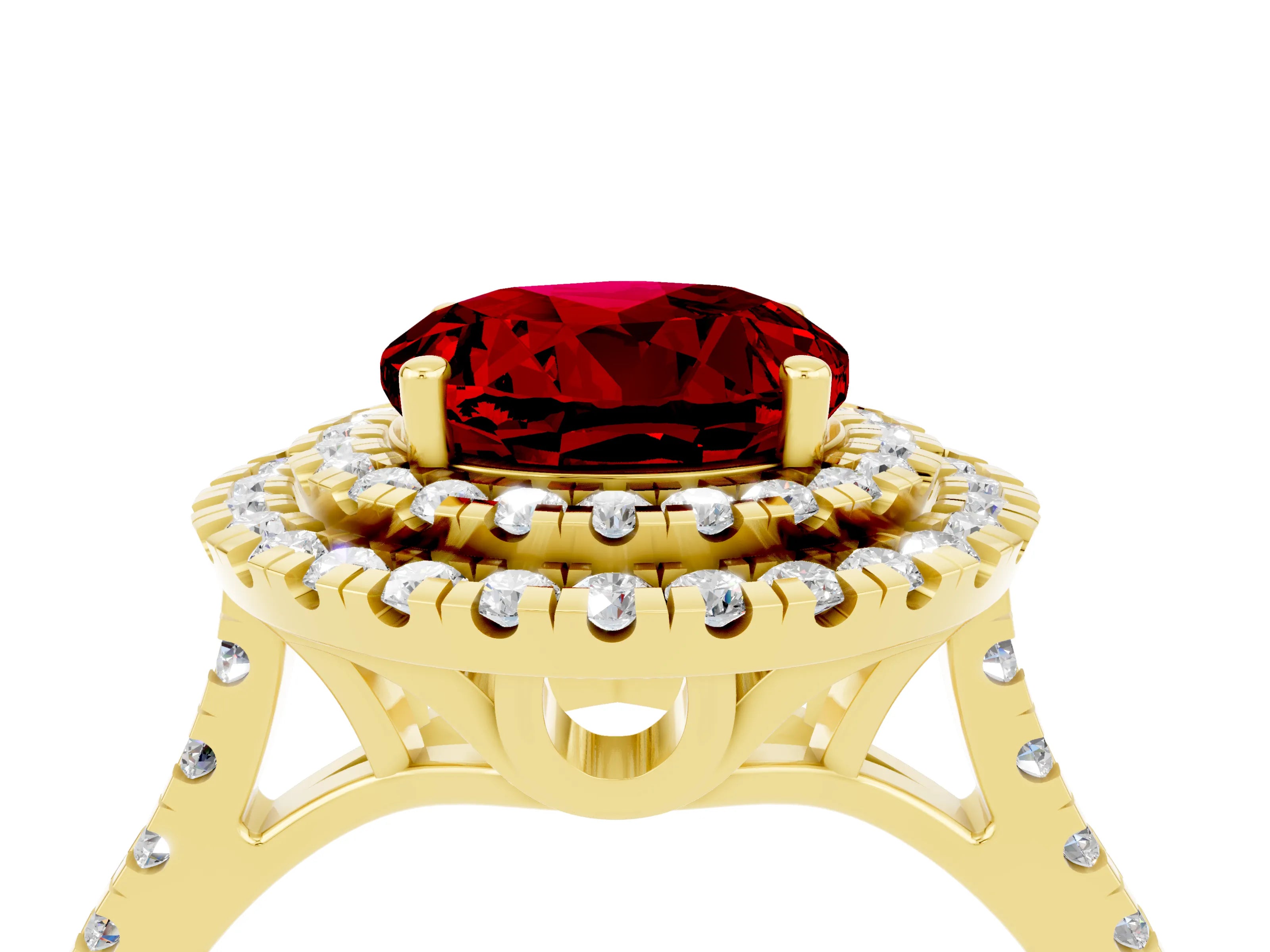 Yellow gold Double Halo Round Cut Ruby Pavé Band with Four-Prong Setting_4