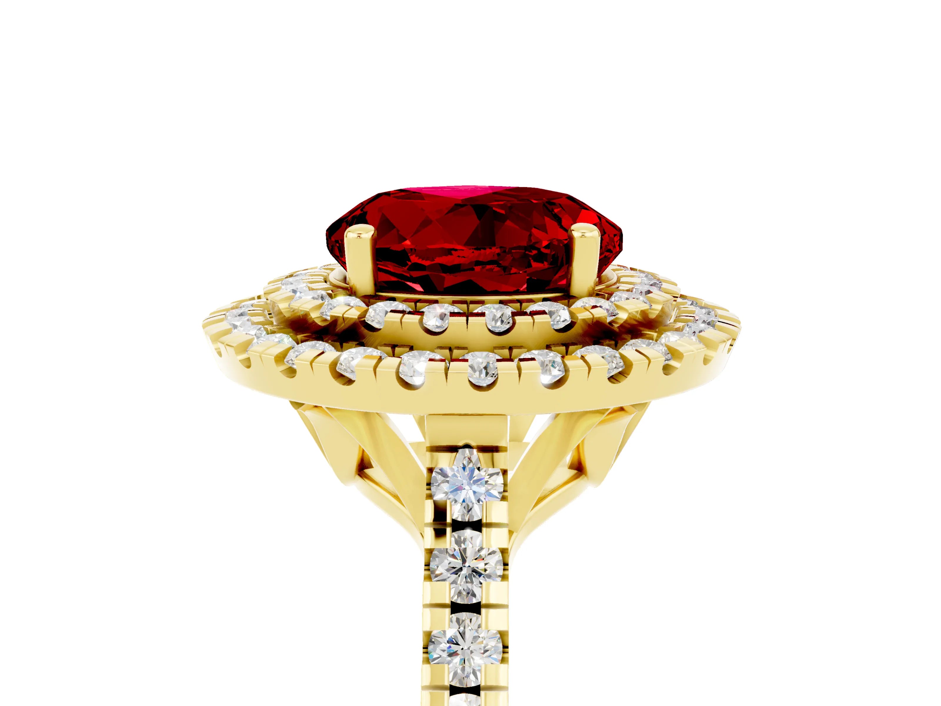 Yellow gold Double Halo Round Cut Ruby Pavé Band with Four-Prong Setting_5