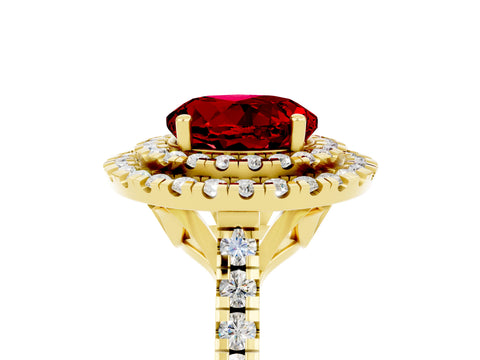Yellow gold Double Halo Round Cut Ruby Pavé Band with Four-Prong Setting_5