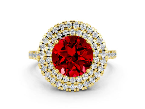 Yellow gold Double Halo Round Cut Ruby Pavé Band with Four-Prong Setting