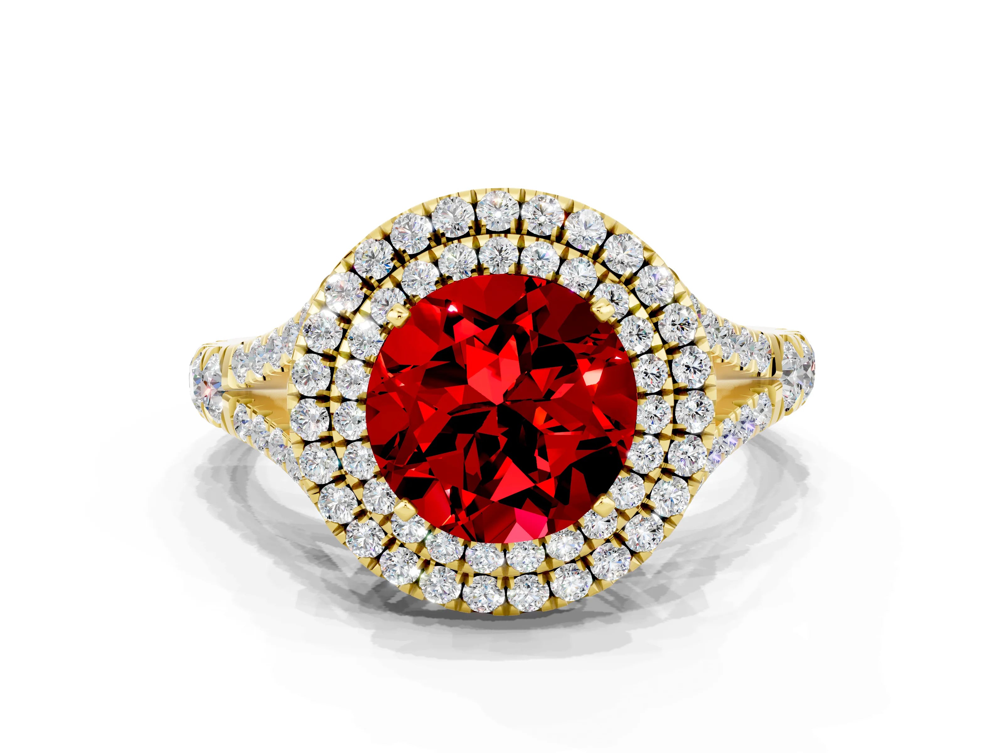 Yellow gold Double Halo Round Cut Ruby Pavé Split Shank Ring with Prong Setting