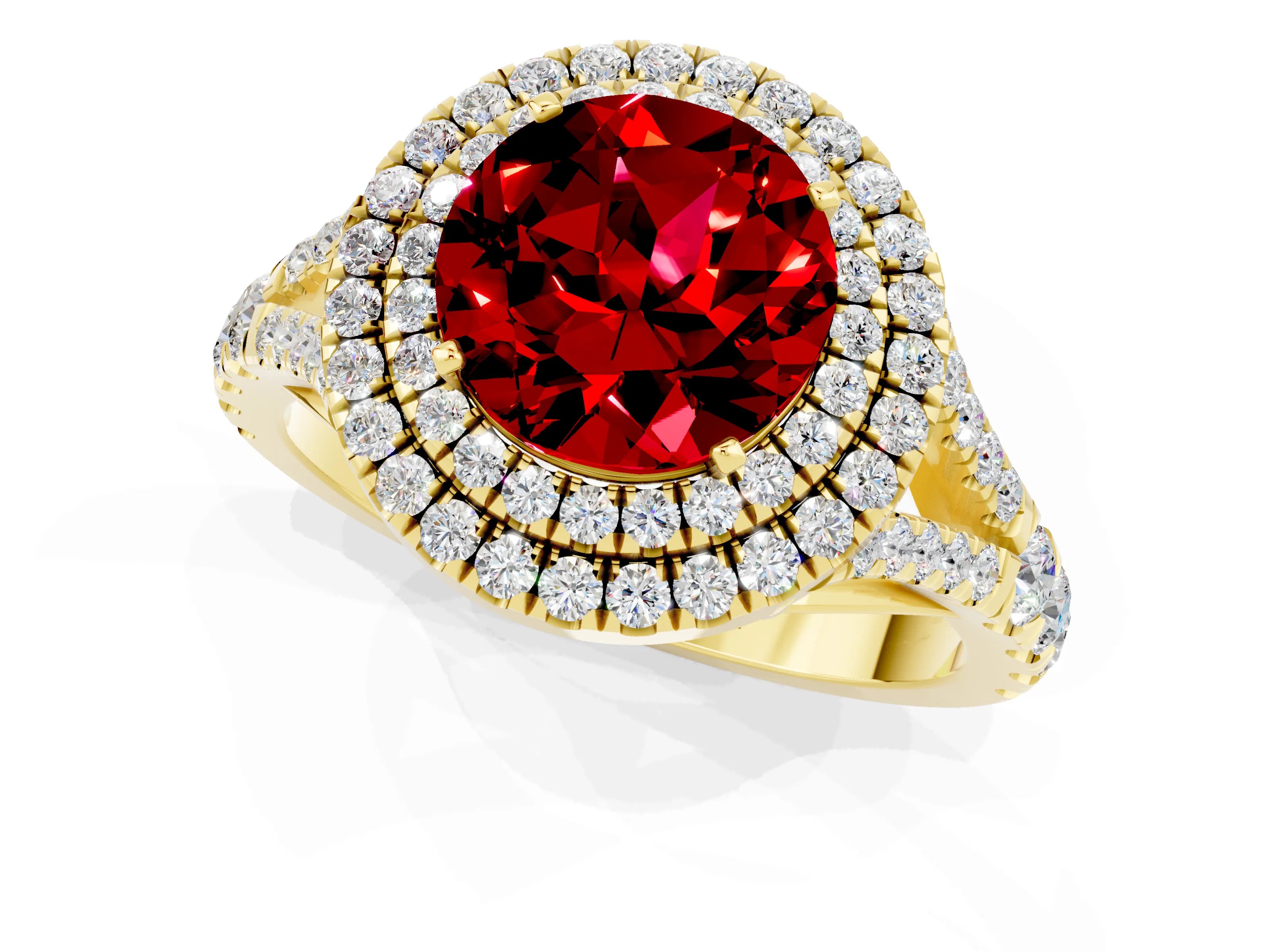 Yellow gold Double Halo Round Cut Ruby Pavé Split Shank Ring with Prong Setting_1