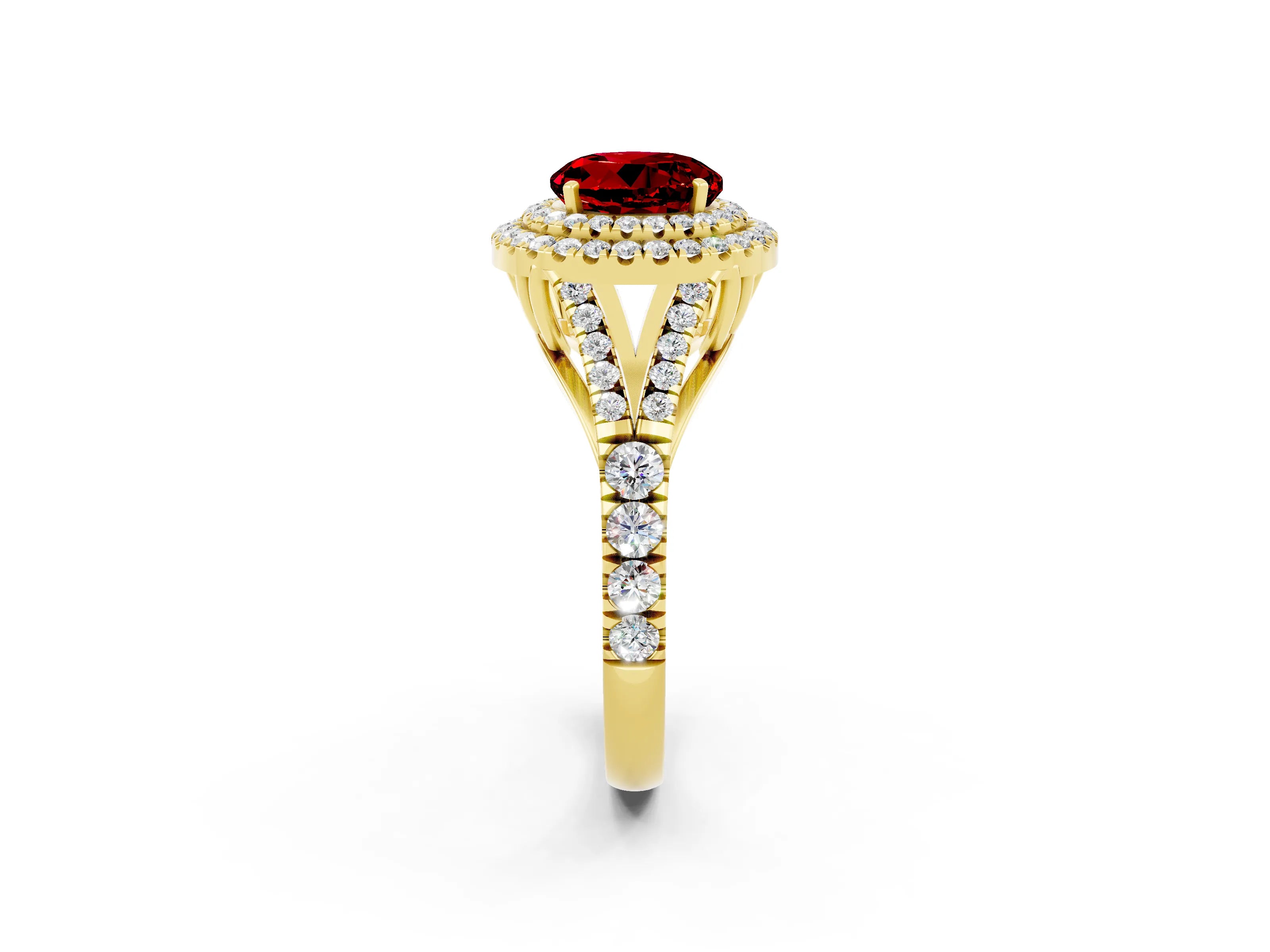Yellow gold Double Halo Round Cut Ruby Pavé Split Shank Ring with Prong Setting_2