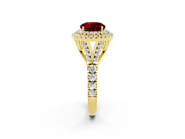 Yellow gold Double Halo Round Cut Ruby Pavé Split Shank Ring with Prong Setting