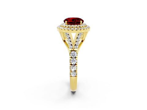 Yellow gold Double Halo Round Cut Ruby Pavé Split Shank Ring with Prong Setting_2