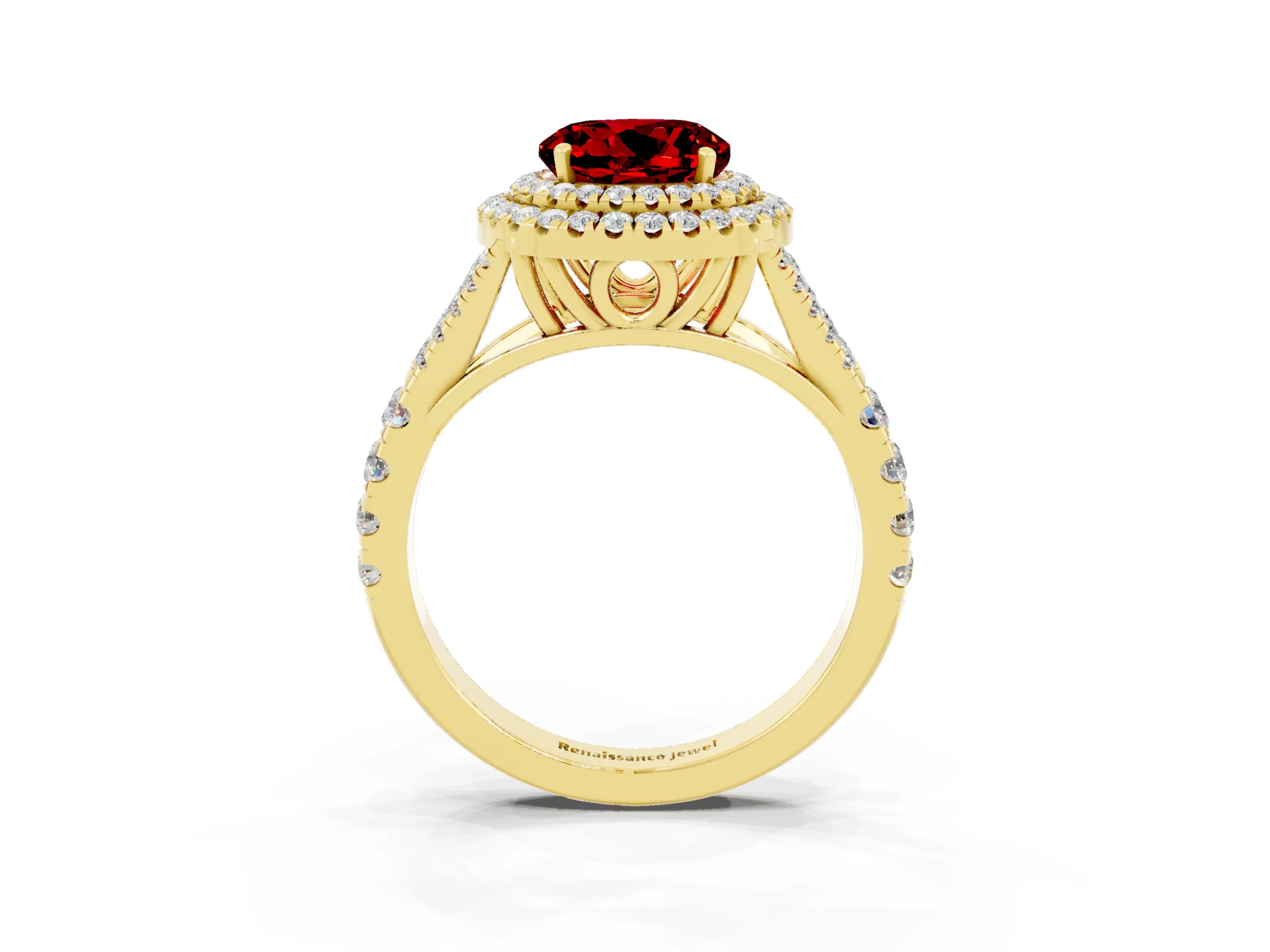 Yellow gold Double Halo Round Cut Ruby Pavé Split Shank Ring with Prong Setting_3