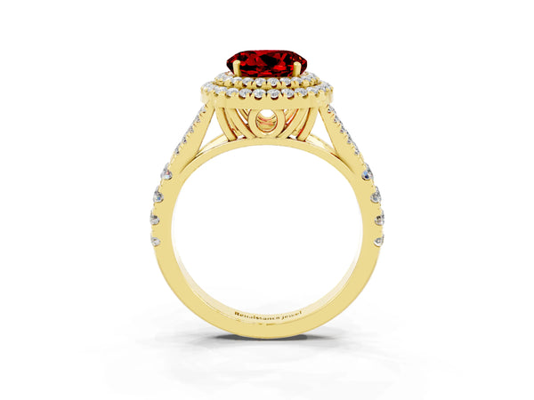 Yellow gold Double Halo Round Cut Ruby Pavé Split Shank Ring with Prong Setting