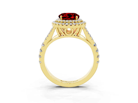 Yellow gold Double Halo Round Cut Ruby Pavé Split Shank Ring with Prong Setting_3