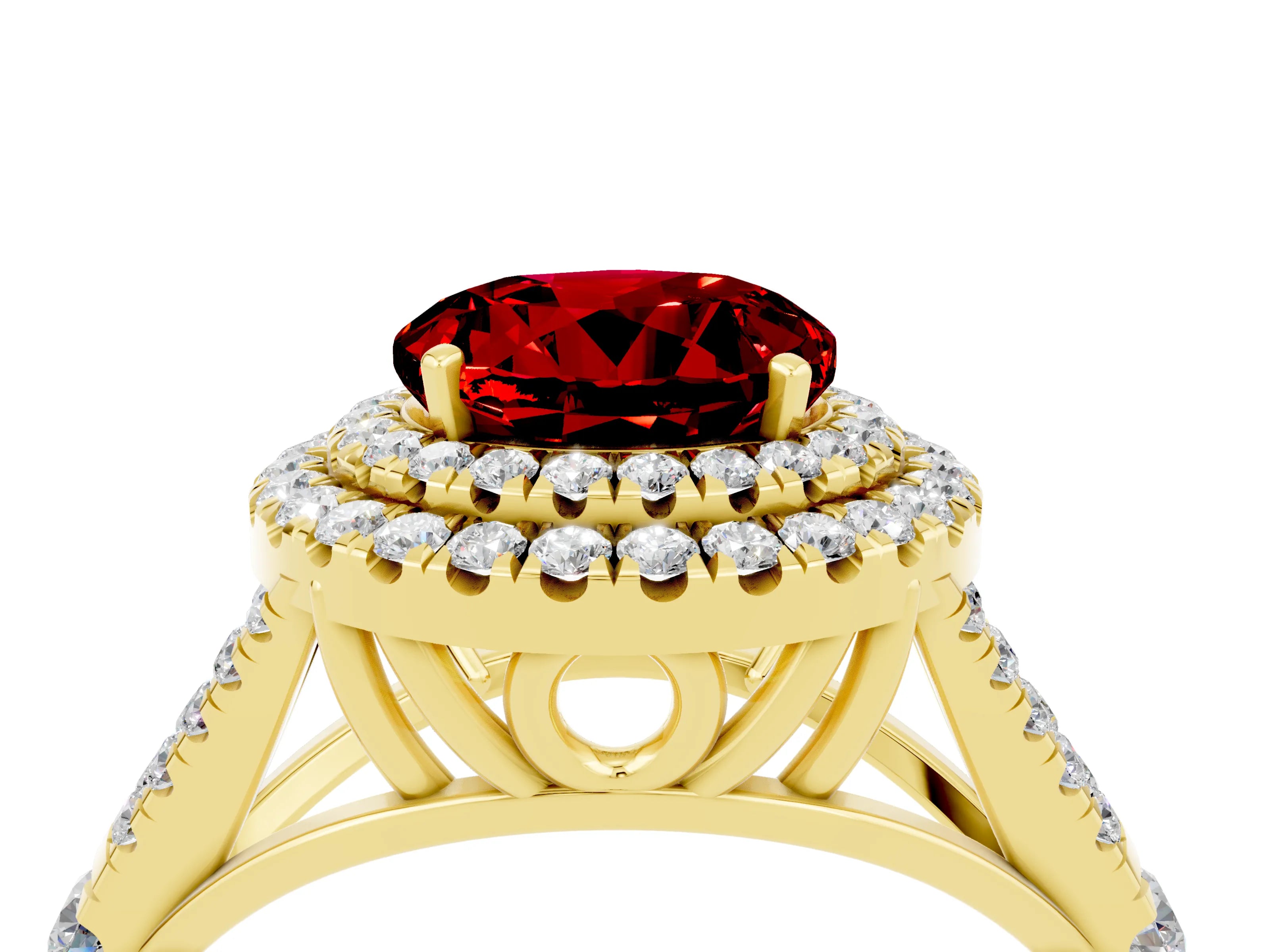 Yellow gold Double Halo Round Cut Ruby Pavé Split Shank Ring with Prong Setting_4