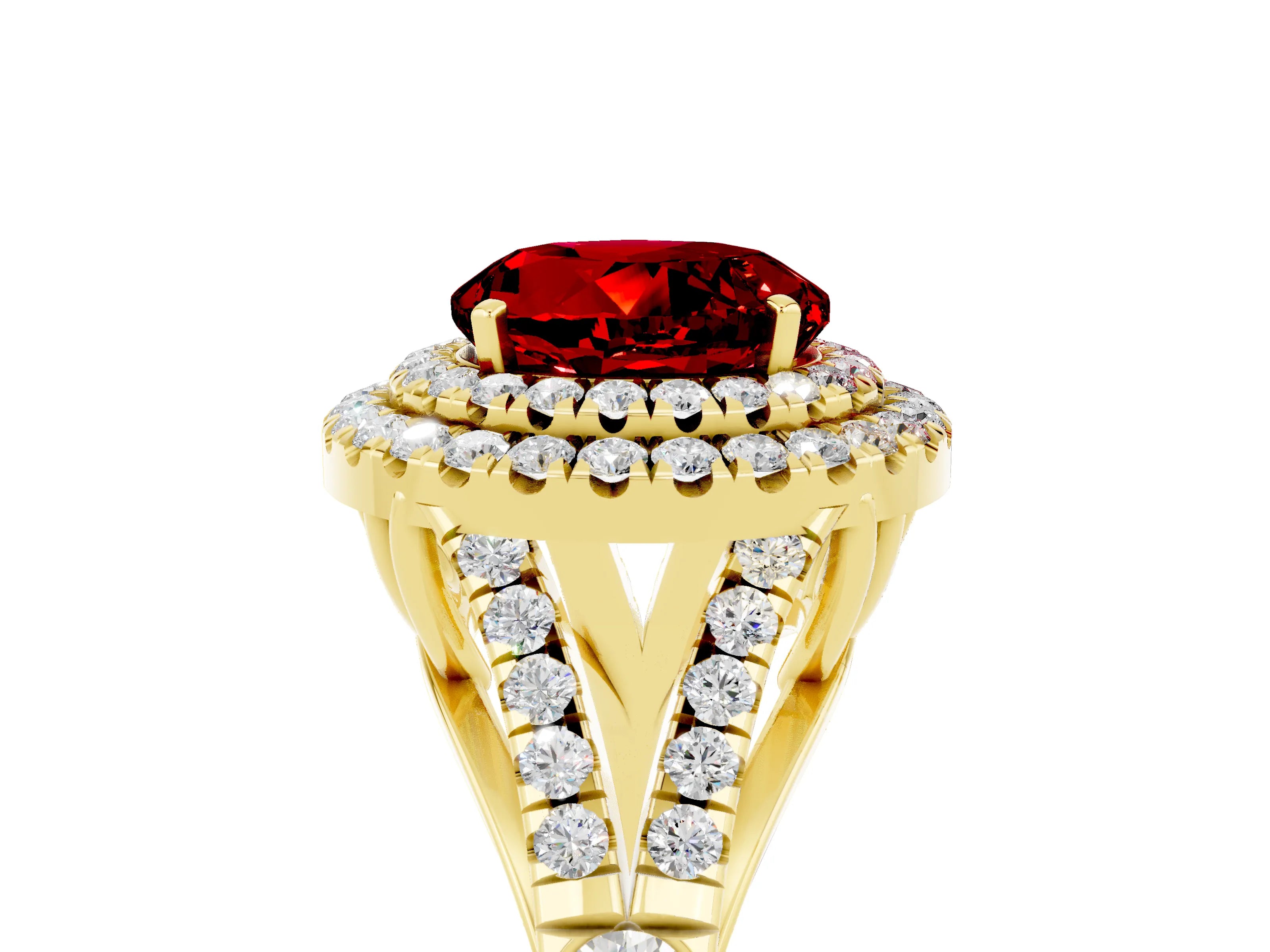 Yellow gold Double Halo Round Cut Ruby Pavé Split Shank Ring with Prong Setting_5