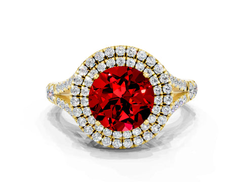 Yellow gold Double Halo Round Cut Ruby Pavé Split Shank Ring with Prong Setting