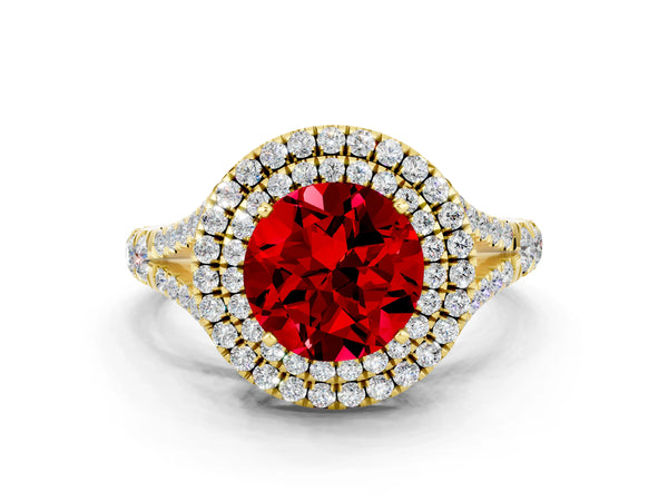 Yellow gold Double Halo Round Cut Ruby Split Shank Engagement Ring with Four-Prong Setting